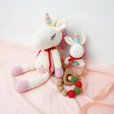 China Cute Toy Wholesale Wooden Rattle Crochet Toy Soft Deer Amigurumi Doll Baby Teether Set for sale