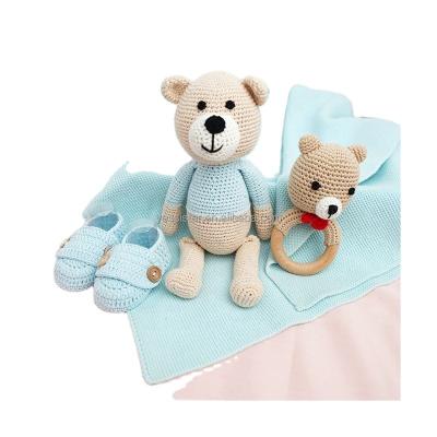 China Soft Toy Crochet Bear Doll Beech Ring Teether Infant Knitted Swaddle Baby Blanket Gift Set for sale