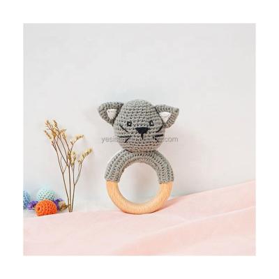 China Crochet Soft Baby Toy Eco Friendly Toddler Wooden Sensory Teether Ring Toys Rattles Cat Teether for sale