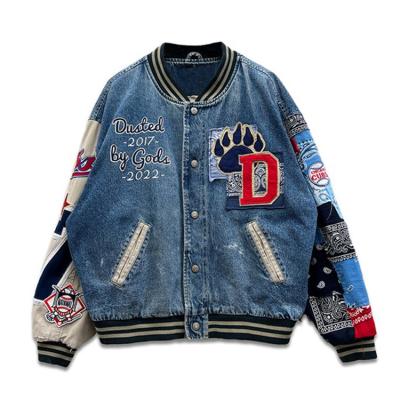 China Wholesale DiZNEW Letterman Viable Blue Denim Jackets Customized Chenille Embroidery Patch Varsity Jackets for sale