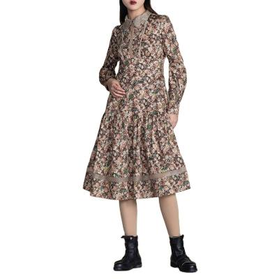 China New the anti-static style embroidered collar, net yarn flower pattern long-sleeved printed casual dress cotton ladies dress for sale