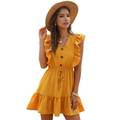 China European and American Strappy Ruffle V-Neck Style Women Anti-Static Yellow Cheap Casual Dresses Dress for sale