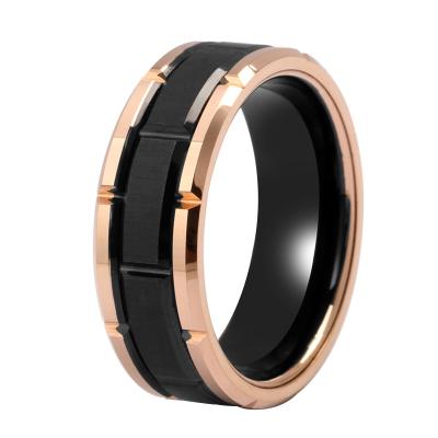 China Hot Selling CLASSIC 8mm Rose Gold Black Men's Tungsten Ring Wedding Two Tone Engraved Tungsten Ring for sale