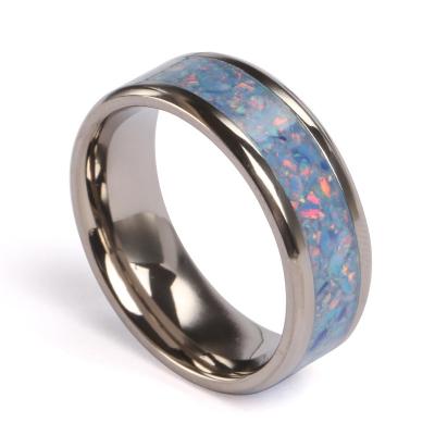 China Mens CLASSIC Custom Titanium Wedding Bands Beautiful Purple Crushed Opal Rings With Clear Epoxy for sale