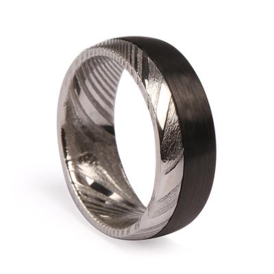 China Real TRENDY Ribbed Solid Mens Rings Inlay 8mm Carbon Fiber Ring Comfort Fit Band With Damascus Steel Solid Jewelry for sale