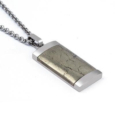 China CLASSIC Stainless Steel Inlays Chalcopyrite Dogtag Gemstone Jewelry Silver Necklace Pendant for sale