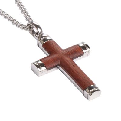 China TRENDY Stainless Steel With Real Bubinga Wooden Necklace Inlay Jewelry Christian Cross Pendant Men for sale