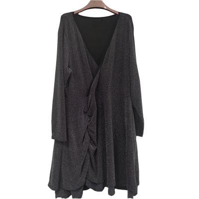 China Breathable Custom Knitwear V-Neck Long Sleeve Women Dress Double Layer Patchwork for sale