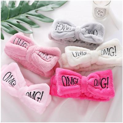 China Fashional Lady Wholesales Girls Cute Lovely Face Washing Plush Headband OH GOD MY Letters Bow Coral Fleece Headband for sale