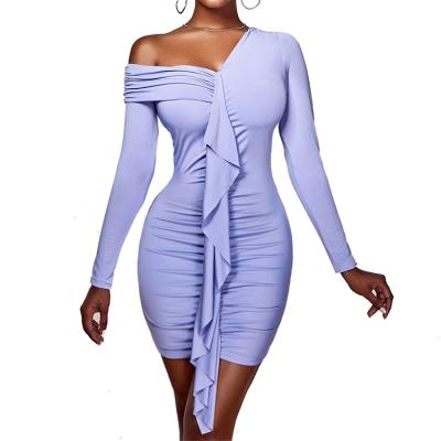 China Anti-Wrinkle Women's Mini Dress Long Sleeve Sexy Pleated Asymmetric Collar Fashion Ruched Bodycon Dress for sale