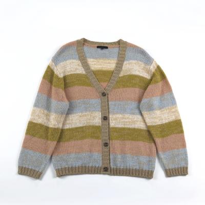 China 2021 Breathable V-neck Cardigan Knit Breathable Sweater Stripe Cardigans For Woman for sale