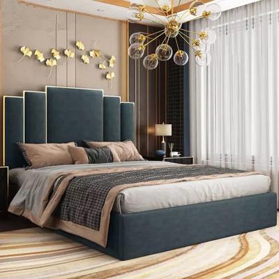 China Latest Double Bed Designs Stainless Steel Velvet Headboard Full Size Bed Frame Gold Tufted Couples Double Bed for sale