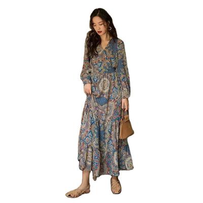 China 2021 New Style Casual Beach Breathable V-neck Bohemian Women Dresses Floral Maxi Dress Summer Autumn Long Sleeve for sale