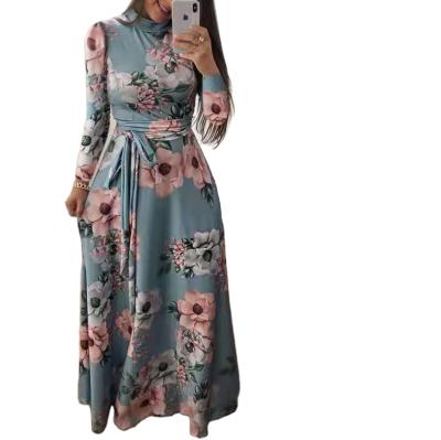 China Breathable Women Long Sleeve Short Sleeve Dress Flower Printed Long Skirt High Neck Belt Casual Summer Elegant Plus Size Women Dress for sale