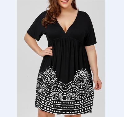 China European and American plus size border supply women's plus size short sleeve V-neck printed dress for sale