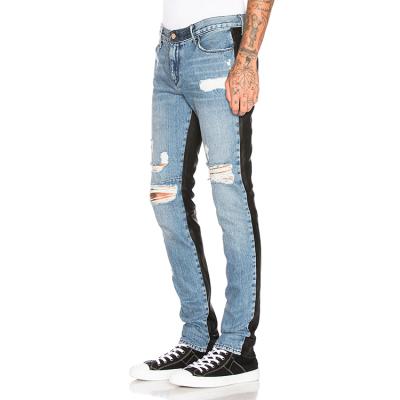 China New Fashion Sustainable Custom Men's Distressed OEM Denim and Leather Stretch Contrast Fabric Jeans Man Jeans for sale