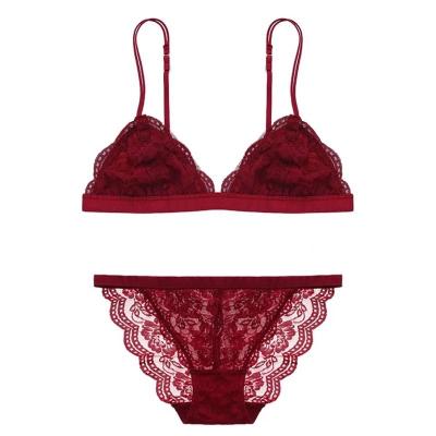 China 2022French lingerie antibacterial women's big breasts show small ultra-thin sexy lace summer steel ring triangle cup beauty back bra set for sale