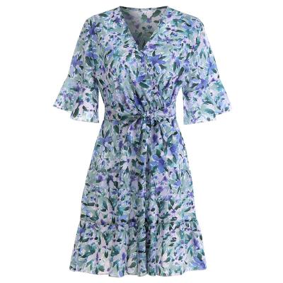 China 2022 Summer New Wish Foreign Trade Breathable V-Neck Short Sleeve Ruffle Women's Floral Dress for sale