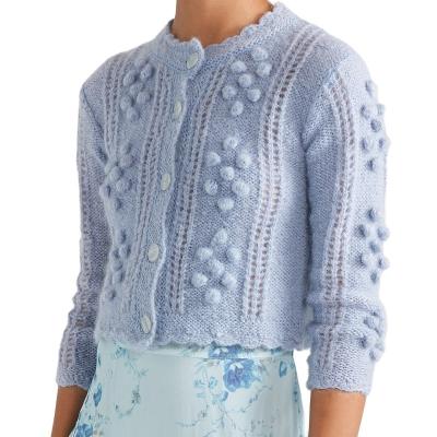 China Anti-wrinkle Custom Knit Women Cropped Acrylic Pompom Embellished Lady Mohair Cotton Blend Chenille Cardigan Sweater for sale