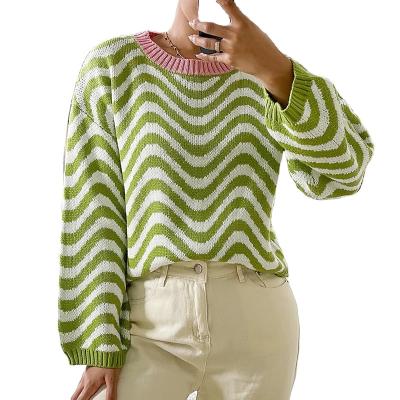 China Wholesale Anti-wrinkle Factory Style Popular Women 2022 New Loose Sweater Stylish Acrylic Cotton Curve Stripe Casual Pullover Knitwear for sale