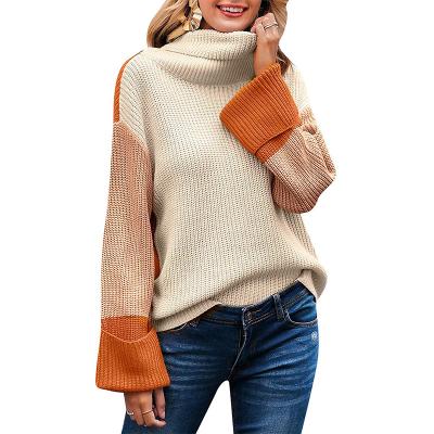 China 2022 Autumn Winter Women's Long Sleeve High Neck Color Matching Sweater Anti-wrinkle Knitted Turtle Casual Women's Pullover Sweaters for sale