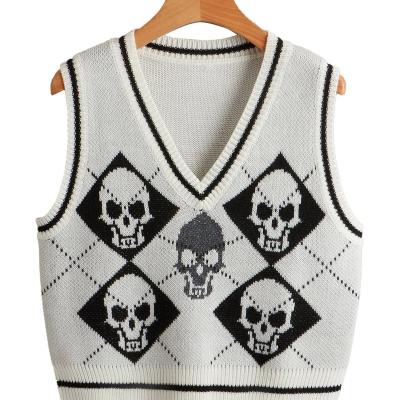 China Y2K Breathable Gothic Knit Fashion Jumper Top Women Halloween Streetwear V-Neck Sweater Argyle Print Pattern Sweater Vest Skull Knitwear for sale