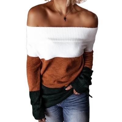 China Anti-wrinkle 2022 new trending women spring sweaters stitching color knitted sweater off the shoulder oversized sexy sweaters for sale