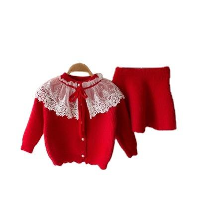 China 2022 Anti-wrinkle babies knit cardigan nylon lace top pleated skirt set Autumn Kids Party Dress Two piece set for sale