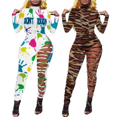 China 2021 Autumn Clothes Women Plus Size Stretchable Sexy Overalls Leopard Hole Print One Piece Rompers for sale