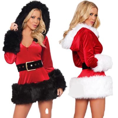 China Women's Sexy Christmas Santa Costume Velvet Hooded Dress Anti-Static Anti-Static With Belt For Christmas for sale