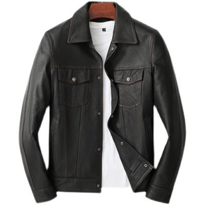 China Autumn Men Spring Fashion Leather Jacket Cowboy Motorcycle Top Layer Goatskin Coat Lapel Breathable Leather Slim Shorts for sale