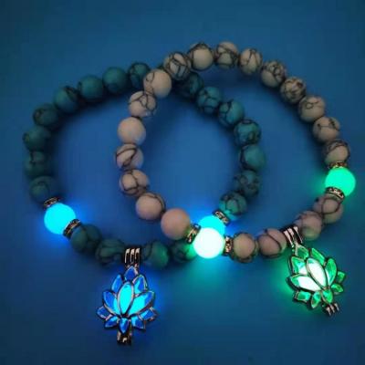 China Wholesale New Fashion TRENDY 8mm Turquoise Beaded Yoga Lotus Cage Charm Bracelets Luminous for sale