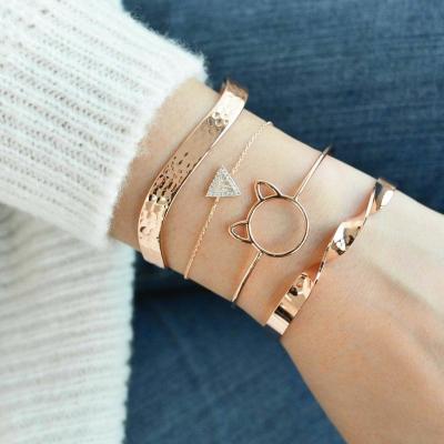 China TRENDY Gold Plated Cat Ear Moon Triangle Charm Rhinestone Crystal Bracelets & Bangles Set for sale