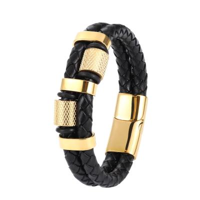 China FASHIONABLE Stainless Steel Popular Gold Magnet Buckle Rope Bracelet Silver Black Plated Leather Bracelet for sale