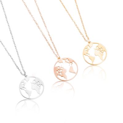 China TRENDY Circle Charm Necklace World Map 18K Gold Stainless Steel Fashion Pendant Necklaces for sale