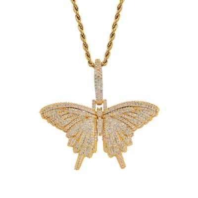 China Hot Sale 18K Gold Plated Hiphop Zircon Butterfly Pendants Women Men's Hip Hop Necklace Jewelry for sale