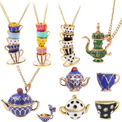 China 2021 New Fashionable Long Sweater Chain Necklace Jewelry Set Luster Enamel Teacup Earrings for sale