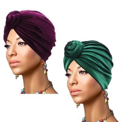 China Simple Checked Velvet Hair Turban Hat Women African Indian Female Ladies Home Beanie Sleep Cap Arab Muslim for sale