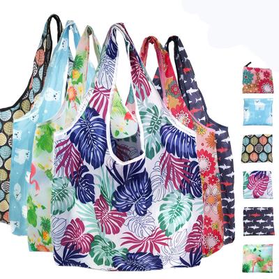 China Advertising Cloth Tote Bags Nylon Eco-Friendly Cat Folding Reusable Polyester Folded Grocery Bags Ripstop Shopping Bags 190T With Pocket for sale