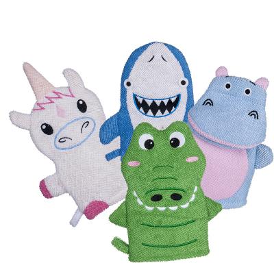 China EXFOLIATE Baby Bath Gloves Exfoliating Cute Cartoon Kids Bath Glove Hand Puppet Shower Bath Wash Gloves With Animal Design for sale