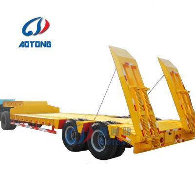 China Truck trailer 2 axle lowbed lowboy semi trailer transport truck with detachable and folding loader for sale for sale