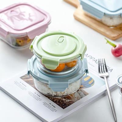 China Viable Stackable Vacuum Round Bento Box Food Storage Container Glass Lunch Box With Leak Free PP Lid for sale