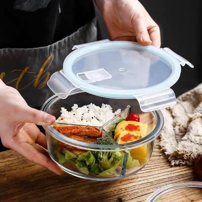 China Sustainable 400ml 620ml 950ml 1300ml Divided Storage Box Glass Lunch Box Set Glass Meal Prep Containers 3 Compartment for sale