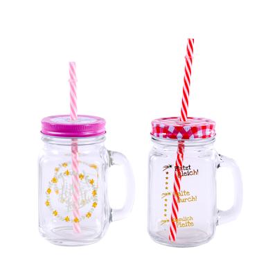 China Minimalist Custom Logo Decal Printed Glass Mug Wide Mouth Mason Jar Mason Jar Mug With Straw And Lid Handle for sale