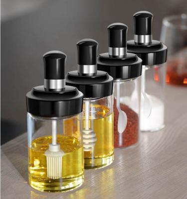 China Viable Oil 8oz Glass Jar With Silicone Brush 250ml Glass Spice Jar With Spoon Condiment Jar for sale