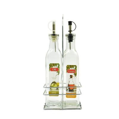 China Wholesale Freshness Keeping Decal Printed Transparent Kitchen Sauce Square Glass Bottle And Vinegar Dispenser Set Cooking Olive Oil Glass Bottle for sale