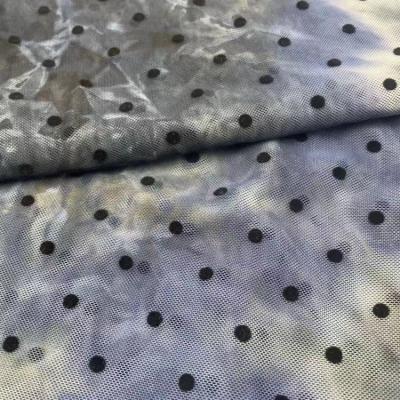 China Tie dye polyester spandex anti-static mesh fabric with dot print flocked mesh fabric for girls dress for sale