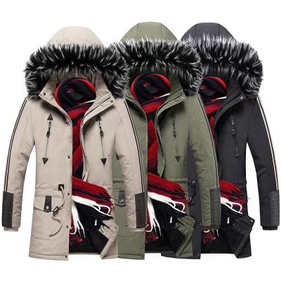 China Custom Mens Winter Fashion Windproof Fleece Striped Plus Sizes Long Jackets Coats With Removeable Fur Hood for sale