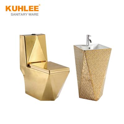 China Modern Ceramic Luxury Gold Sanitary Ware Set Bathroom Toilet One Piece Gold Wc With Basin for sale