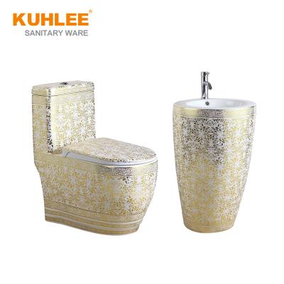 China Traditional Design Toilet Sets Bathroom Gold Colored Ceramic Toilet With Wash Basin Ware Sanitary Suites for sale